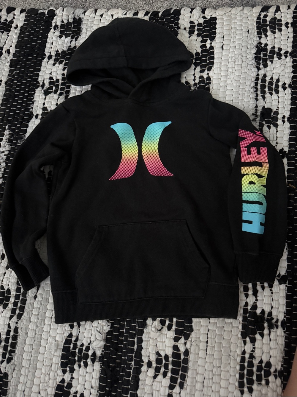 Hurley Black Kids Hoodie with Rainbow Gradient Logo and Sleeve Print